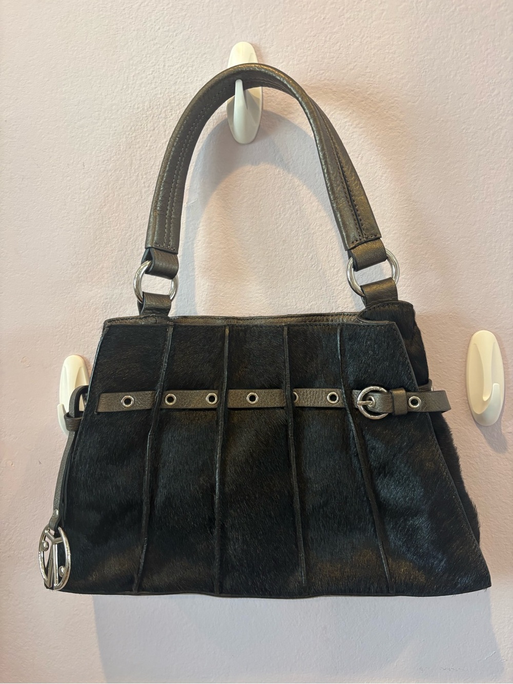Black Faux-Hair Panel Shoulder Bag with Silver Accents